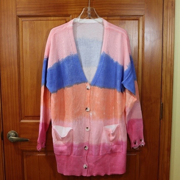 Ombre Colorful Distressed Ombre Cardigan Sweater Lightweight XXL Trendy - Picture 2 of 10